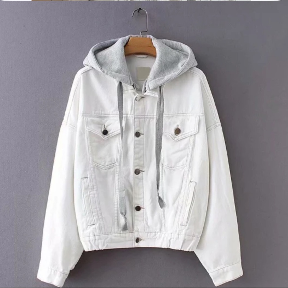 White jean jacket with grey hoodie (attach or take off)